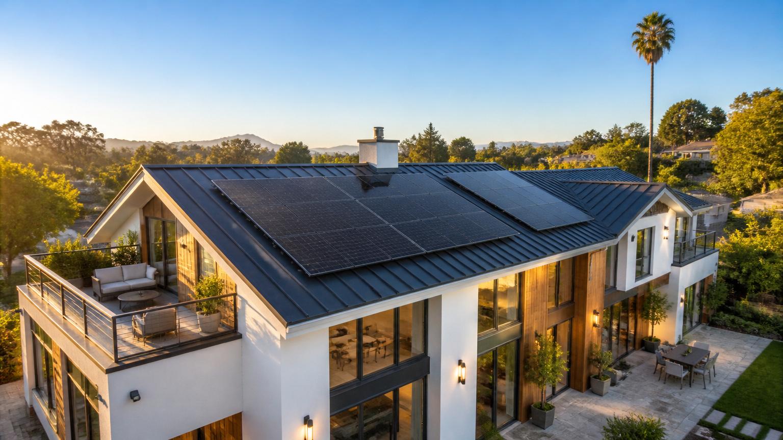 Casa com painéis solares no telhado